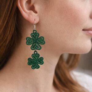 Handmade Embroidered Free Standing Lace Shamrock Earrings.